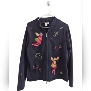 VTG Talbots Embroidered Beaded Christmas Cardigan Sweater Angels Sz XL Holiday